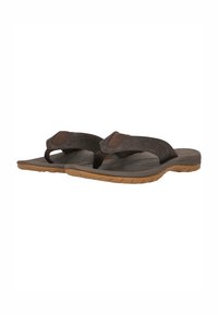 Bruna flip-flops med ett texturerat mönster; flexibla remmar och en gummisula. Har en lätt viktskonstruktion och dämpad sulkonstruktion.