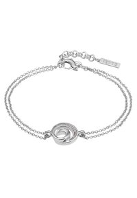 Bracciale in argento con due catene intrecciate, un accento a spirale con pietre incastonate e una chiusura con un'etichetta incisa "JETTE."