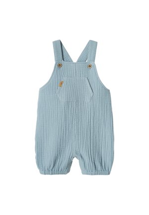Light blue textured cotton baby romper with adjustable shoulder straps, front pocket, and elastic leg openings.