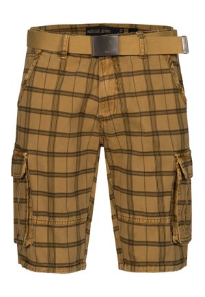 Beige karierte Cargoshorts mit Seitentaschen und passendem beigen Stoffgürtel mit Metallschnalle.