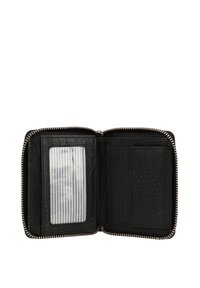 Black leather wallet with a croc texture, zip closure, multiple card slots, and a transparent ID window behind a striped background.