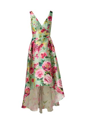 Sukienka bez rękawów z asymetrycznym dołem, głębokim dekoltem w serek, jasnobrzozową bazą oraz jaskrawymi różowymi, żółtymi i czerwonymi wzorami kwiatowymi.