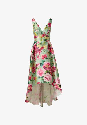 Sukienka bez rękawów z asymetrycznym dołem, głębokim dekoltem w serek, jasnobrzozową bazą oraz jaskrawymi różowymi, żółtymi i czerwonymi wzorami kwiatowymi.