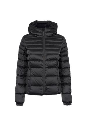 Zwarte pufferjack met horizontale stiksels, een capuchon, ritssluiting en elastische manchetten. Gemaakt van glanzend, soepel materiaal met een lichtgewicht ontwerp.
