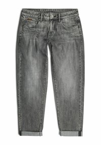 Grå denimjeans med avslappet passform, med en sydd logo, fem lommer og oppbrettede ermer. Stoffet har svak falming og tekstur.