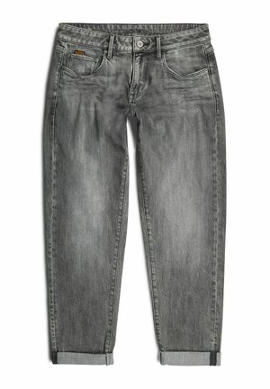 Gray denim jeans with a relaxed fit, featuring a sewn-on logo, five pockets, and rolled cuffs. The fabric displays subtle fading and texture.