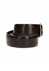 Cintura in pelle marrone scuro con una finitura lucida, caratterizzata da un motivo a diamante, cinque fori di regolazione e una fibbia in metallo argentato.