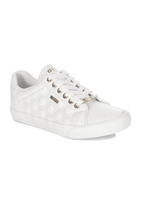 Białe skórzane sneakersy z sześciokątną teksturą po boku, złotymi akcentami i białą gumową podeszwą. Klasyczny design na sznurowadła.