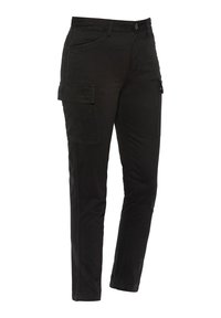 Zwarte cargobroek met een slim fit, meerdere zijzakken, knoopsluiting en riemlussen, gemaakt van duurzaam katoen.