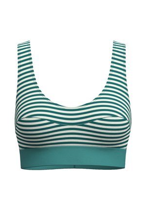 Groen-wit gestreepte sportbeha met brede schouderbanden en een effen groene elastische band onder de buste.
