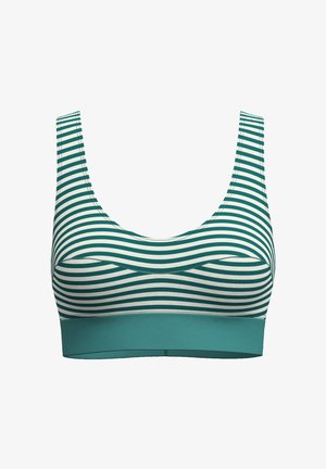 Brassière de sport rayée verte et blanche avec larges bretelles et bande élastique verte unie sous la poitrine.