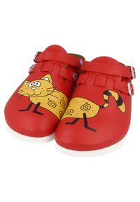Red clogs with two black adjustable straps, featuring a cartoon cat design in yellow with black accents and swirly patterns on the body.