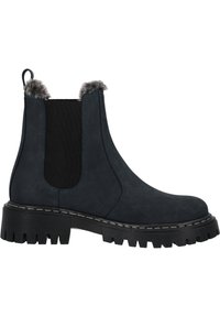 Mørkeblå ruskinds Chelsea støvler med en tekstureret gummisål, elastiske sidelapper og detaljer af kunstpels ved kraven.