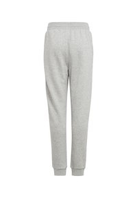 Gray sweatpants made from soft fabric, featuring an elastic waistband, tapered legs, and ribbed cuffs at the ankles for a snug fit.
