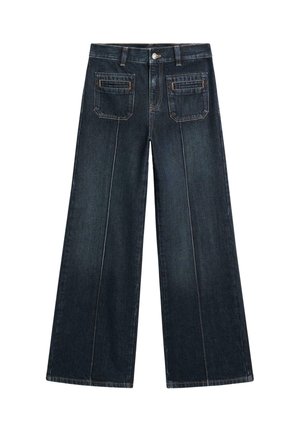 Wide-leg jeans in dark wash denim, featuring a button closure, two front pockets, and two back pockets with subtle stitching details.