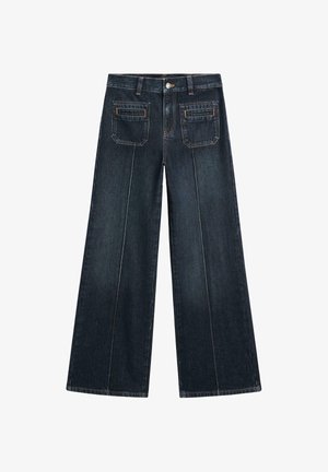 Vide ben jeans i mørk denimvask, med knaplukning, to forlommer og to baglommer med subtile syninger.