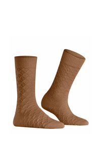 Braune strukturierte Socken mit einem Rautenmuster, ausgestattet mit einem gerippten Bündchen. Weiches Material mit einer glatten Oberfläche, entworfen für Komfort und Passform.