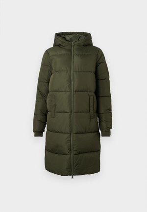 Langer, olivgrüner, gesteppter Puffer-Mantel mit Kapuze, Frontreißverschluss, Seitentaschen und Rippbündchen, entworfen für kaltes Wetter.