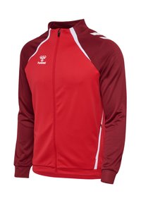 Rote Sportjacke aus Polyester. Mit hohem Kragen, Reißverschluss vorne, weißen Akzenten und einem geteilten Design mit dunkelroten Ärmeln.