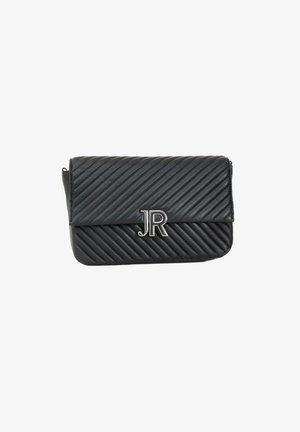 Borsa a tracolla nera trapuntata con righe diagonali, chiusura a pattina magnetica e hardware argentato con un monogramma 'JR' sul davanti.
