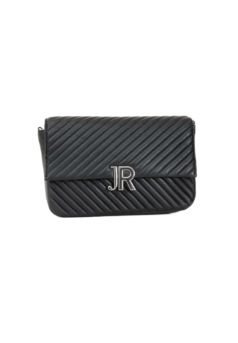 Borsa a tracolla nera trapuntata con righe diagonali, chiusura a pattina magnetica e hardware argentato con un monogramma 'JR' sul davanti.