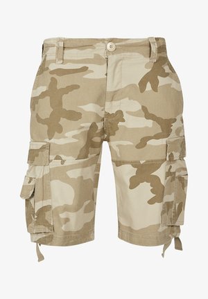 Vászonból készült bézs terepszínű cargo shorts. Oldalsó zsebek, gombos záródás és laza szabás jellemzi. Megerősített varratokkal és állítható megkötőkkel rendelkezik.