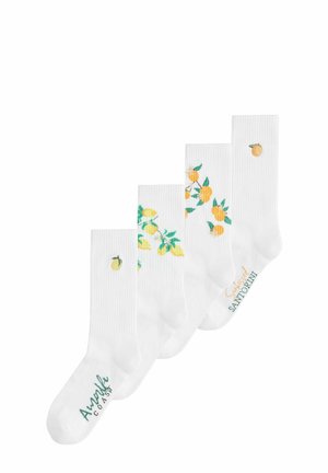 Hvide sokker med citron- og blomsterdesign, ribbet tekstur, varierende mønstre, med teksten "Amore Coast" og "Crisped Santorini" i farve.