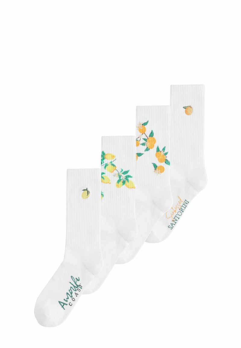Hvide sokker med citron- og blomsterdesign, ribbet tekstur, varierende mønstre, med teksten "Amore Coast" og "Crisped Santorini" i farve.