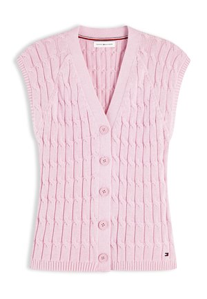 Roosa kaabitsa kudumiga varrukateta vest, millel on viis nööpi, V-kaelus, soonilised servad ja väike Tommy Hilfigeri logo ääres.