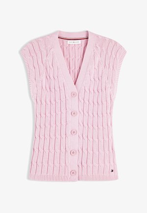 Roosa kaabitsa kudumiga varrukateta vest, millel on viis nööpi, V-kaelus, soonilised servad ja väike Tommy Hilfigeri logo ääres.