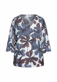 Blomsterbluse med V-halsdesign, korte ærmer og hvid baggrund. Mønsteret indeholder mørkeblå og bordeaux blomster med teksturerede detaljer.