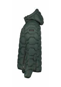 Zelená nafukovací bunda s kapucí, prošívaným designem, boční kapsou na zip a elastickými manžetami. Vyrobena z lehkého izolačního materiálu.