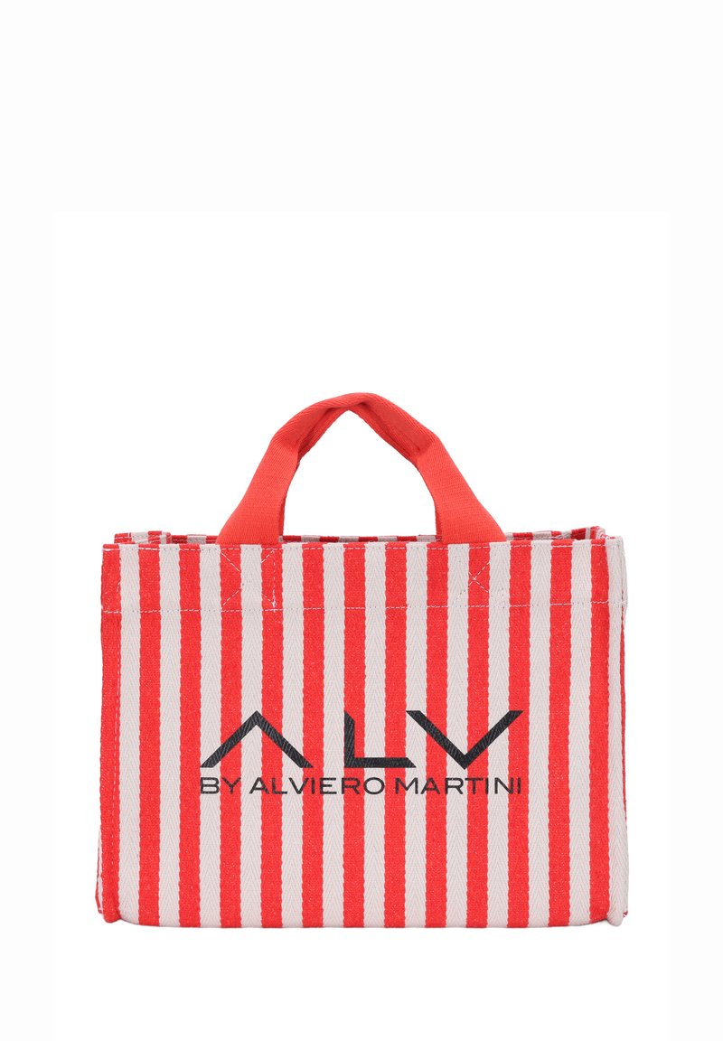 Borsa a spalla con strisce alternate rosse e bianche, realizzata in tessuto, con manico superiore. Presenta il logo "ALV" in nero.