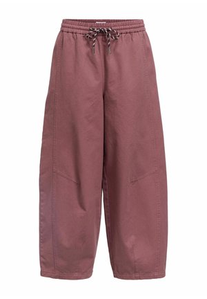 Pantalon ample et taille haute en coton mauve, avec une ceinture élastique et un cordon de serrage, doté de poches latérales et de coutures prononcées.