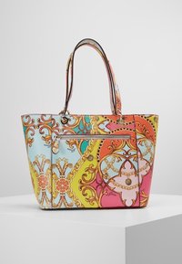 Multicolore tas met een bedrukt ontwerp in pastelkleuren, met gouden accenten, dubbele handvatten en een ritszak aan de voorkant.