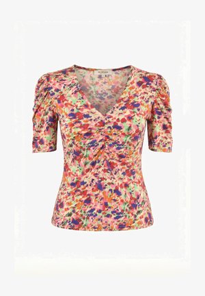 Top ajustado de manga corta con escote en V, fruncido central, hombros abullonados y patrón floral abstracto multicolor en rosa, morado, verde y naranja.