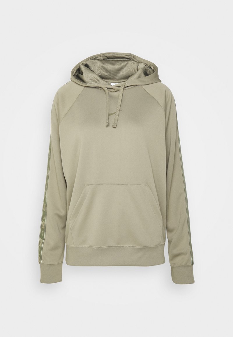 Hooded sweatshirt in olive green, featuring a front pocket, raglan sleeves, and contrasting patterned accents along the sleeves. Soft material.