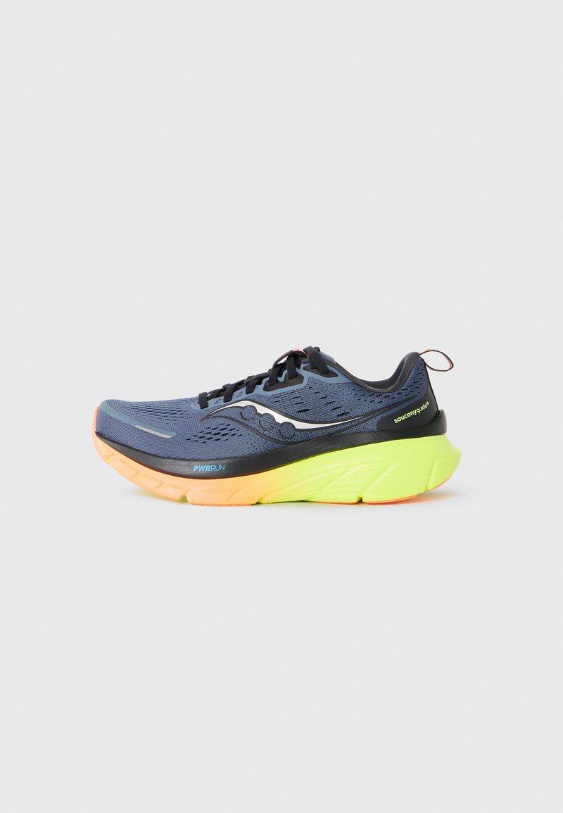 Dark blue running shoe with black laces, gray logo, and a bright orange and neon yellow thick sole on a white background.