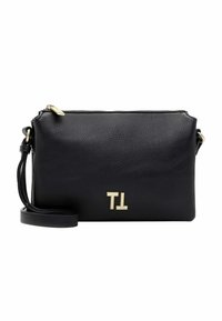 Černá kožená crossbody taška se zlatým kováním. Vyznačuje se hladkým povrchem, zipovým uzávěrem a zalisovaným logem "TL" na přední straně.