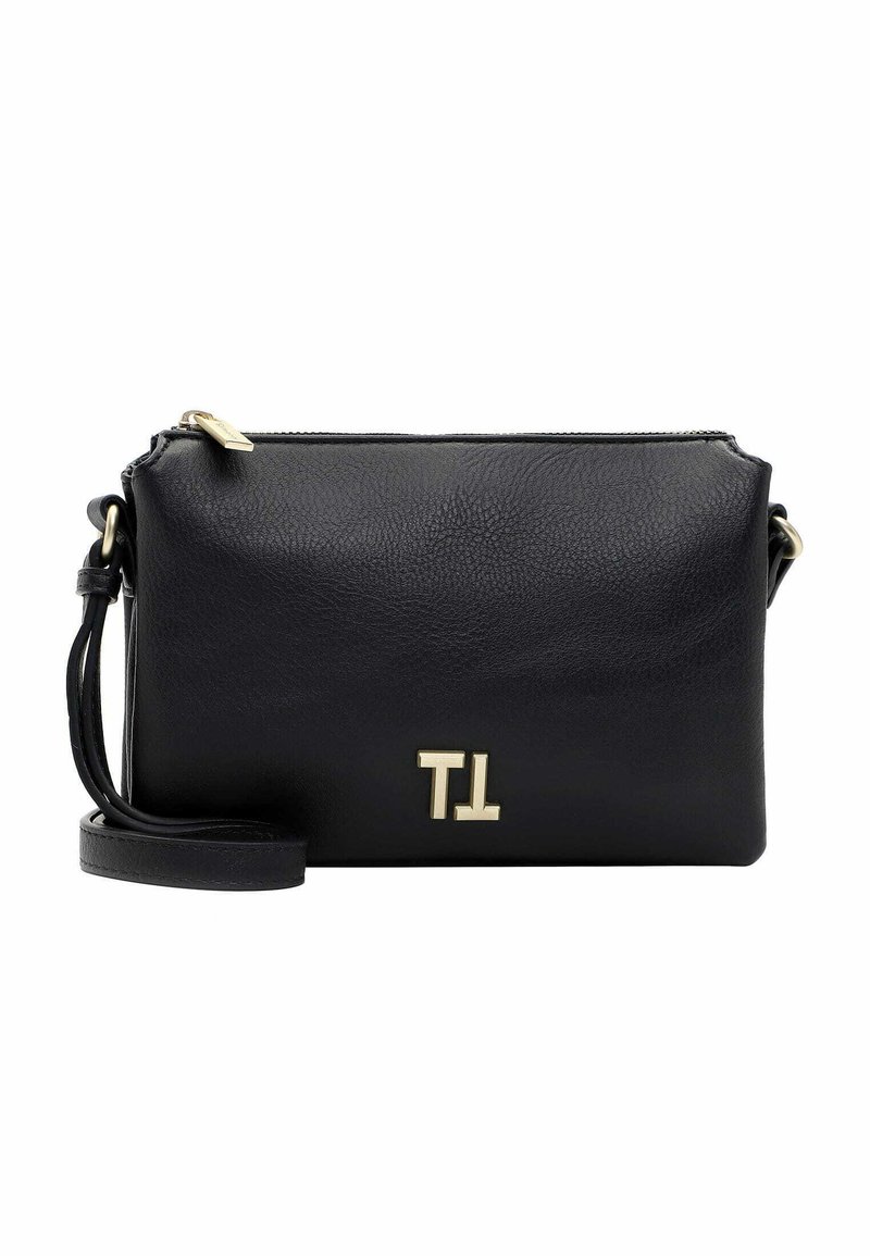 Černá kožená crossbody taška se zlatým kováním. Vyznačuje se hladkým povrchem, zipovým uzávěrem a zalisovaným logem "TL" na přední straně.