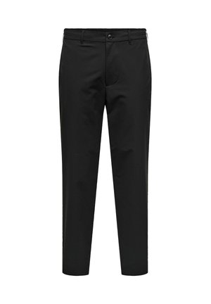 Schwarze Hose aus glattem Stoff mit normaler Passform, Reißverschluss, Knopfverschluss und Seitentaschen, mit einem elastischen Bund auf der Rückseite.
