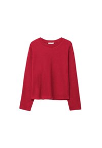 Maglione rosso a maniche lunghe con scollo rotondo, caratterizzato da un collo a coste lavorato a rilievo e una vestibilità comoda, realizzato in un tessuto morbido.