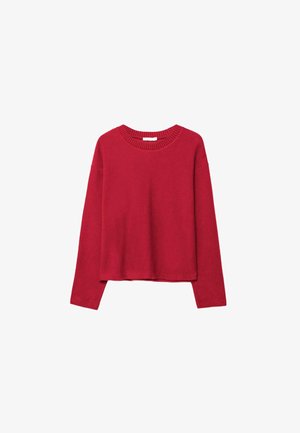 Roter Langarm-Pullover mit rundem Ausschnitt, ausgestattet mit einem strukturierten, gerippten Kragen und einer lockeren Passform, gefertigt aus einem weichen Stoff.