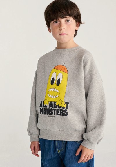 Ragazzo con capelli castani che indossa una felpa grigia con un mostro giallo dei cartoni animati e il testo "All About Monsters."