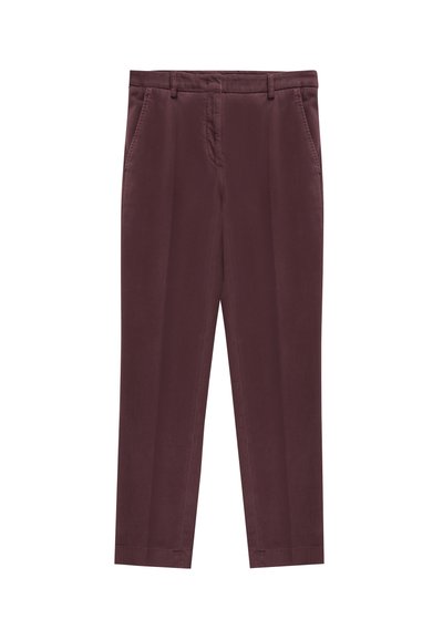 Burgundzkie spodnie z gładkiego materiału o prostym kroju, z dwoma bocznymi kieszeniami i bez widocznych zapięć czy ozdób.