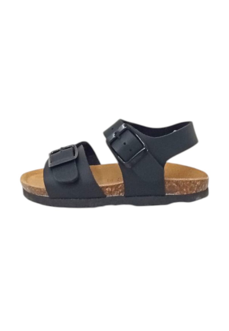 Sandal in pelle nera con due fasce regolabili, soletta in sughero e suola in gomma testurizzata. Design elegante con un aspetto minimalista.