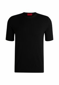 Black short-sleeve t-shirt made of smooth fabric, featuring a round neckline and a subtle ribbed texture at the collar and sleeves.