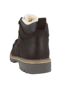 Stivaletto alla caviglia in pelle marrone con fodera in ecopelliccia bianca, suola in gomma resistente e cuciture rinforzate. Design minimalista con linguetta per facilitare la calzata.