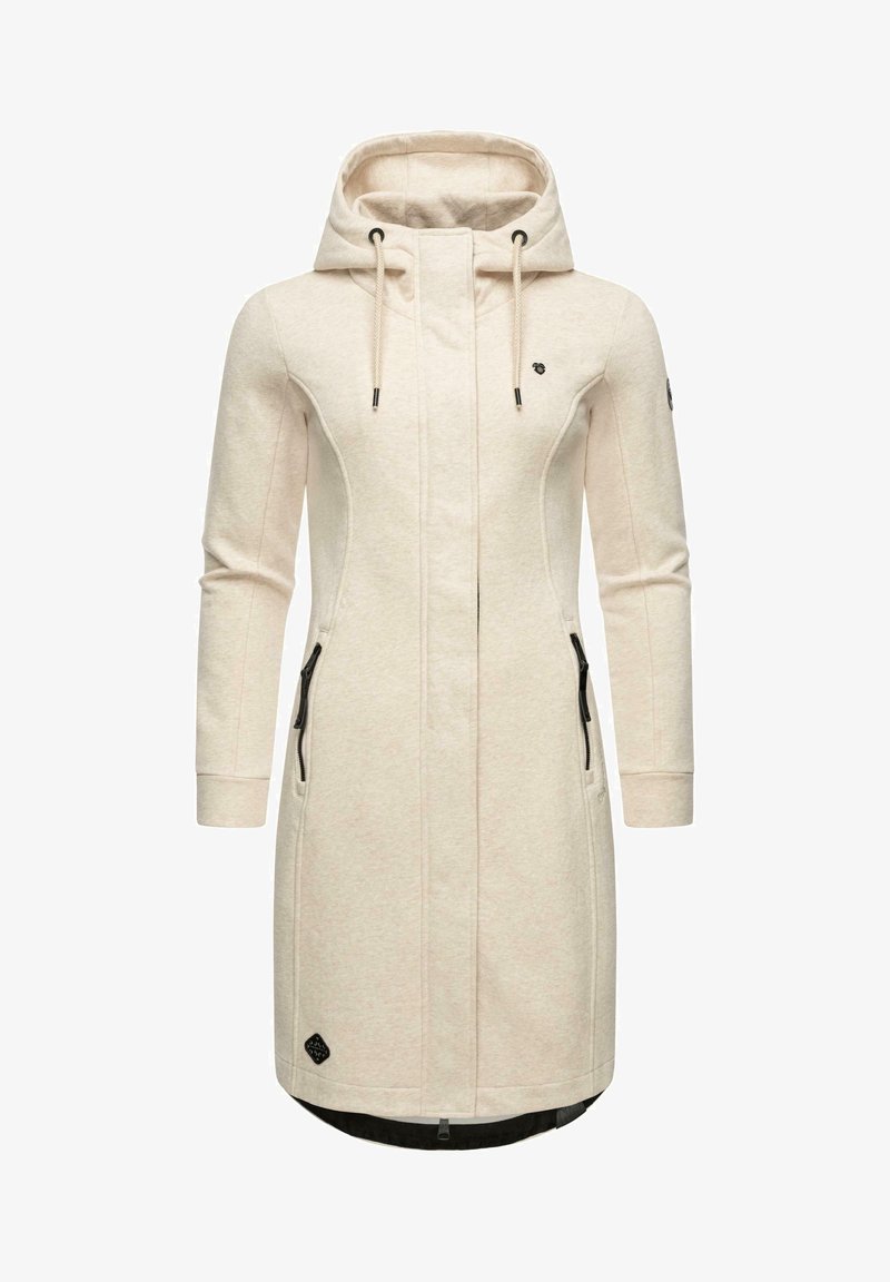 Šviesiai smėlinis ilgas paltas su kapučinu, su juodom užtrauktukų kišenėm ir elegantišku dizainu. Pagamintas iš minkštos medžiagos su subtilia tekstūra.