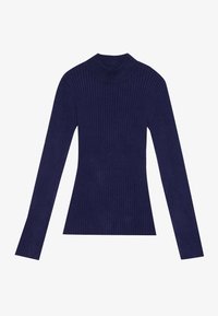Jersey de cuello alto de canalé en color azul marino con mangas largas. Presenta una silueta ajustada y un tejido texturizado. Acabado suave con un diseño de cuello alto.